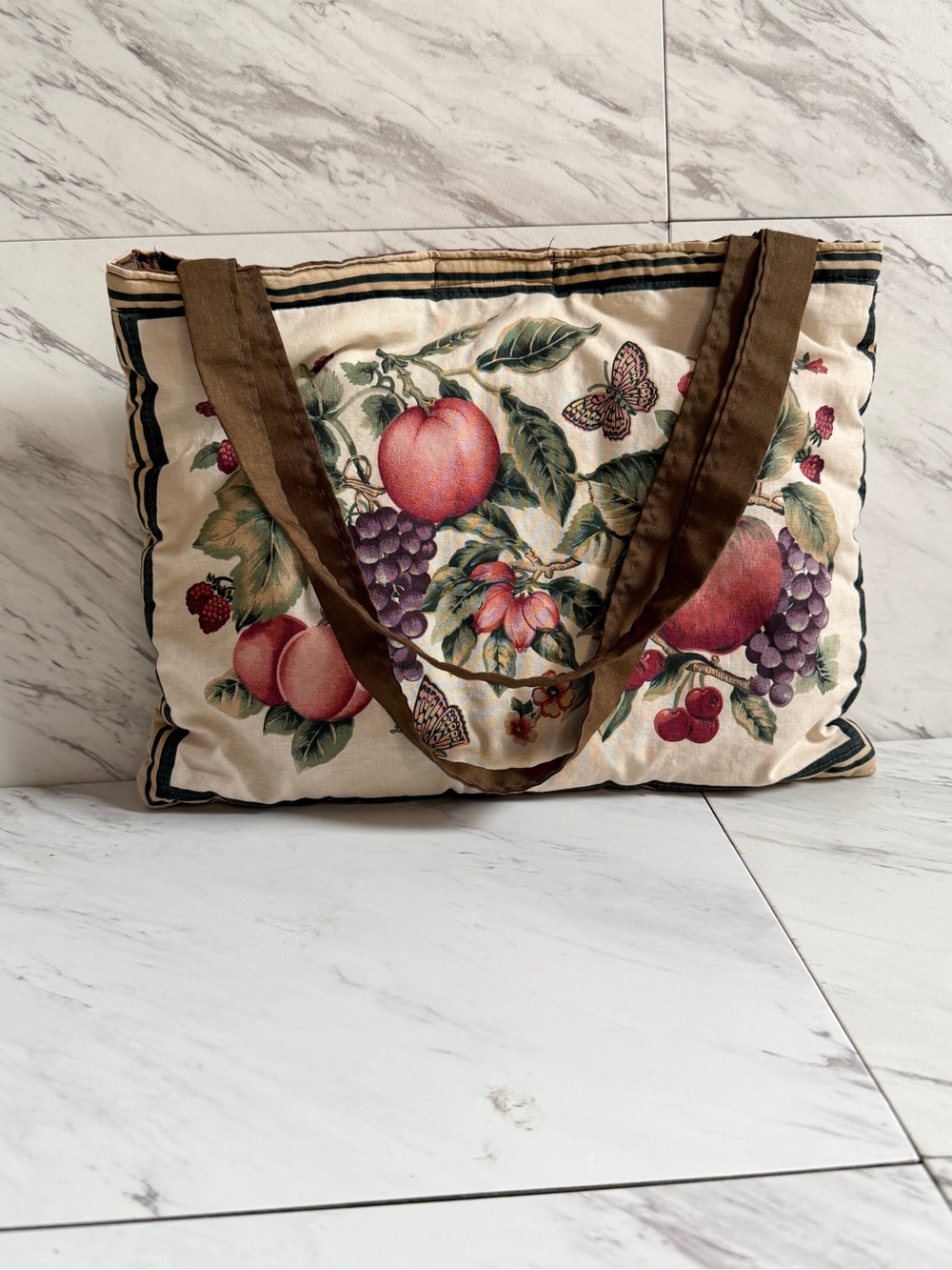 Vintage Quilted Canvas Fruit Print Tote Bag Botanical Farmers Market Shopper